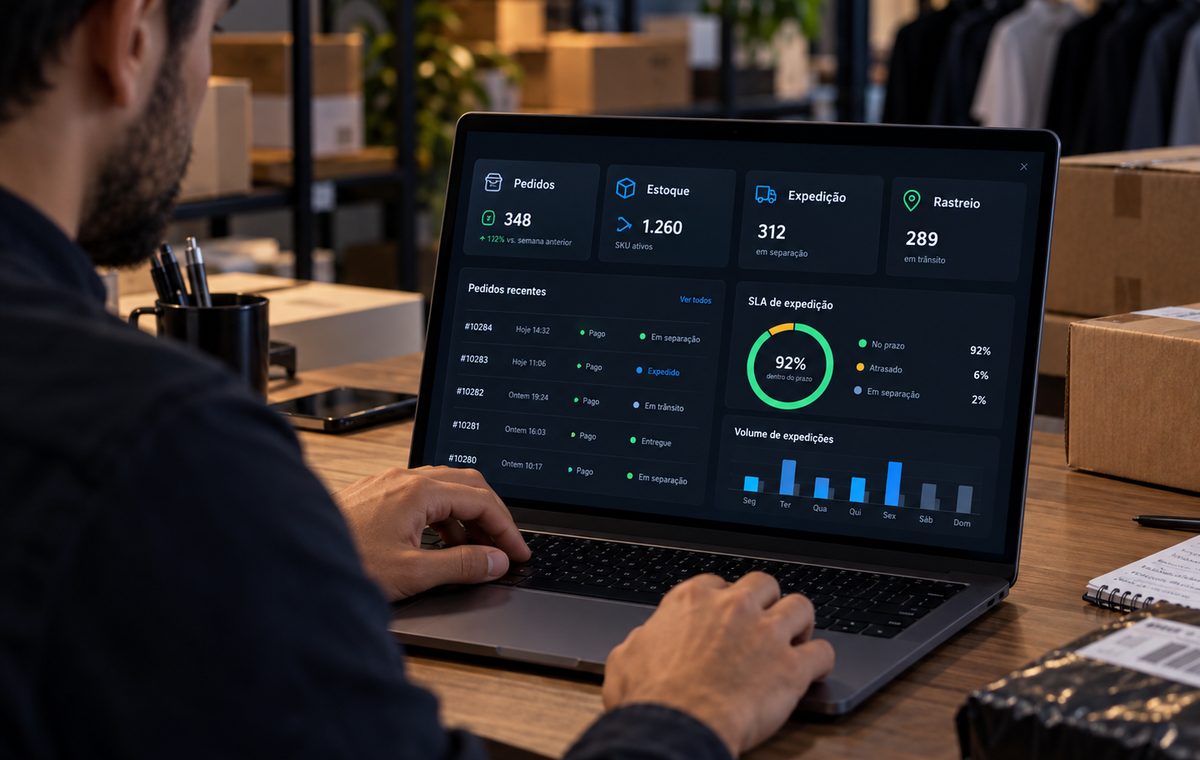 Lojista acompanhando pedidos, estoque, SLA e rastreio no portal do cliente pelo notebook